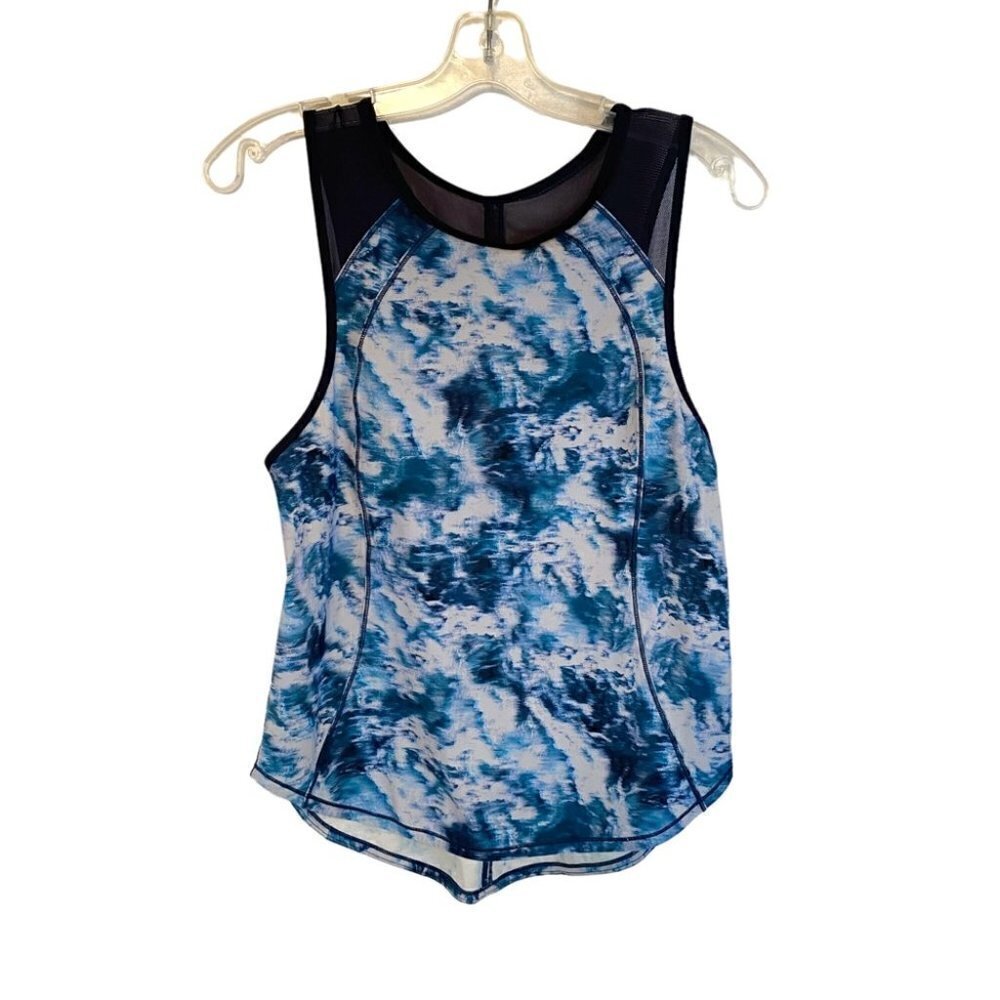 Lululemon Sculpt Tank Top Aquamarine  Mosaic with Black Sheer Mesh Trim Ladies 8